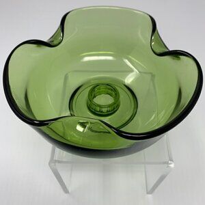 Taper Candle Holder Green Pinched Art Glass Vintage Mid Century Modern